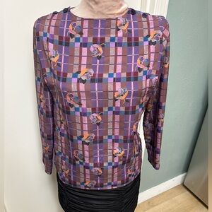 Vintage Silksensible Purple Orange Floral Checks Print Blouse XS